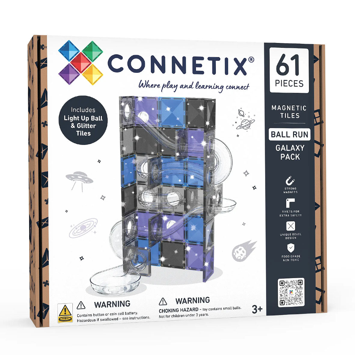 connetix glitter magnetic tiles galaxy ball run box featuring 61 pieces and light up balls for constructive play