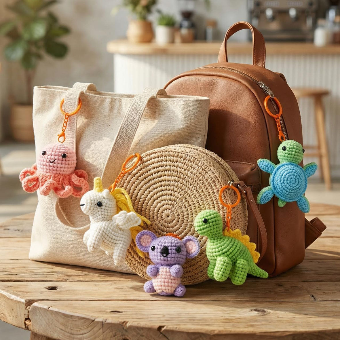 Collection of crochet keychains on bags in a kitchen setting