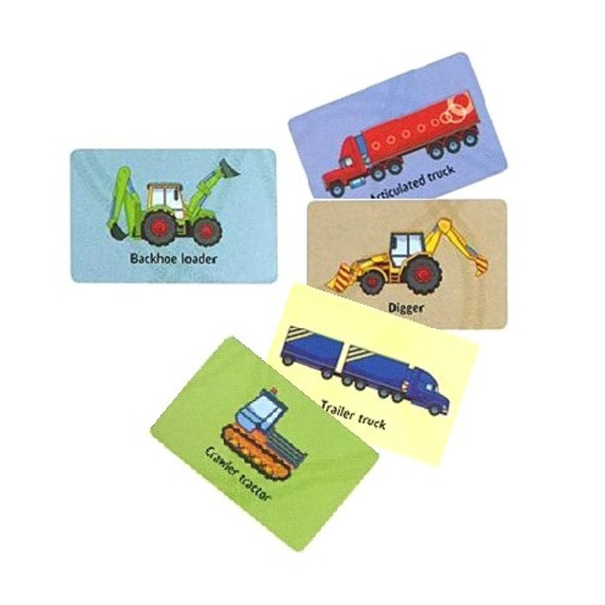 Set of usborne snap cards with images of vehicles like diggers, backhoes, and trucks on a white background