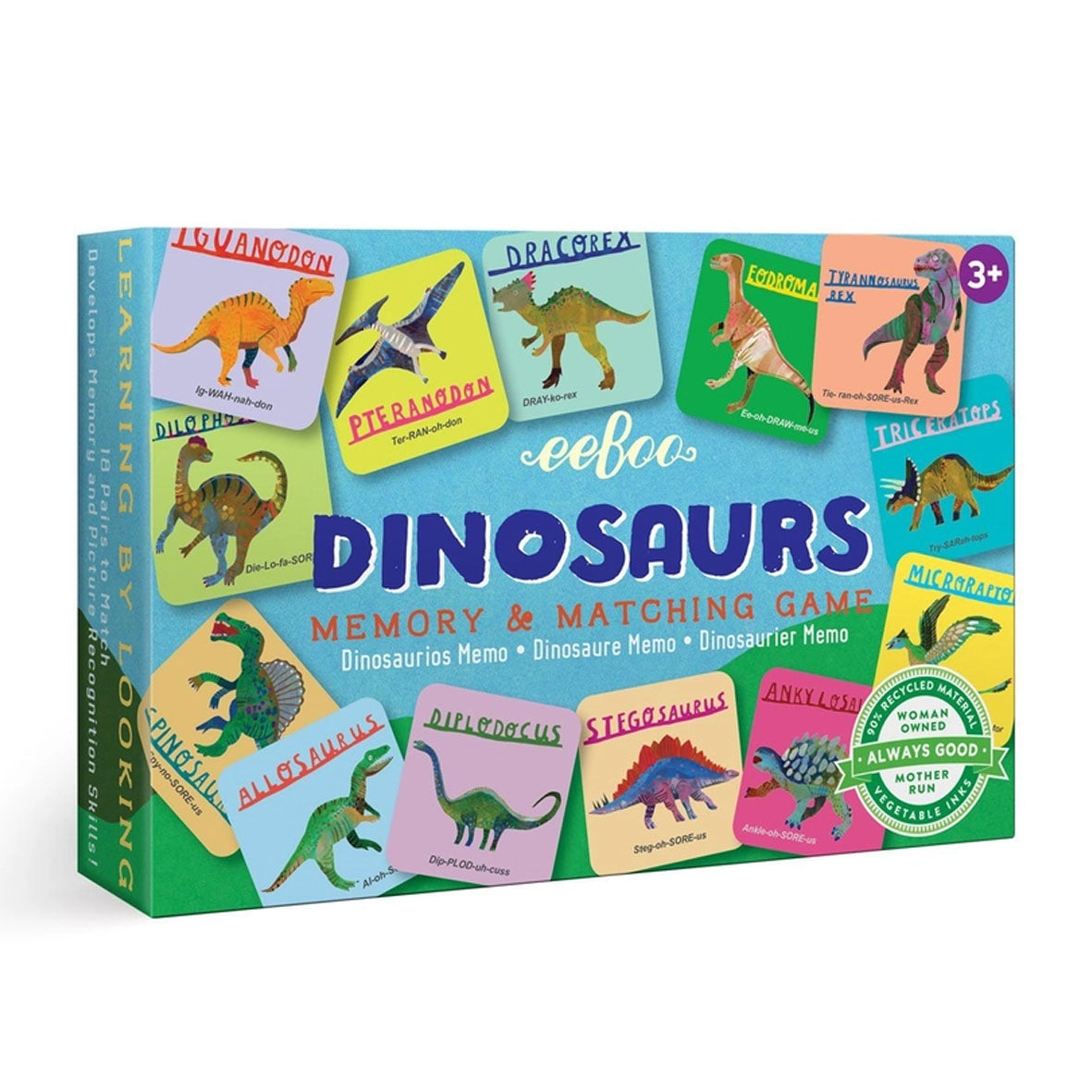 front of the box of the memory matching and card game in dinosaurs by eeboo games