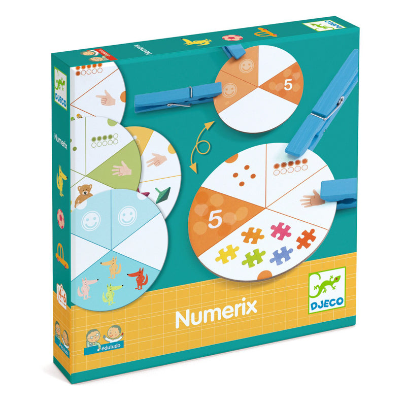 The packaging box of the 'Numerix' board game by Djeco, featuring a bright teal and yellow design with illustrations of game pieces and clothespins.