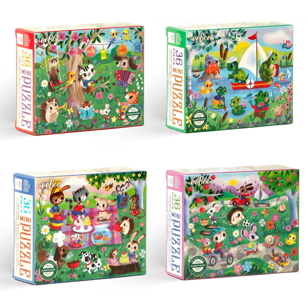 four travel sized 36 piece eeBoo pet themed mini puzzles featuring turtles, cats, rabbits, dogs, birds, snails, and other animals doing activities outdoors