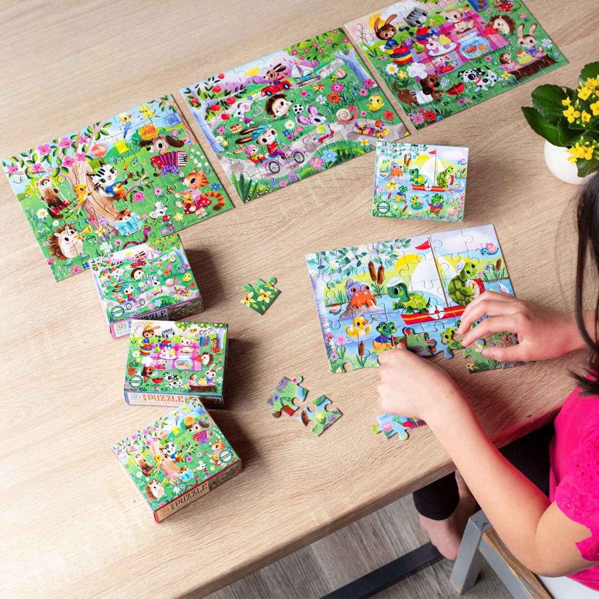 childrens mini puzzles featuring vibrant cartoon animals and outdoor play scenes