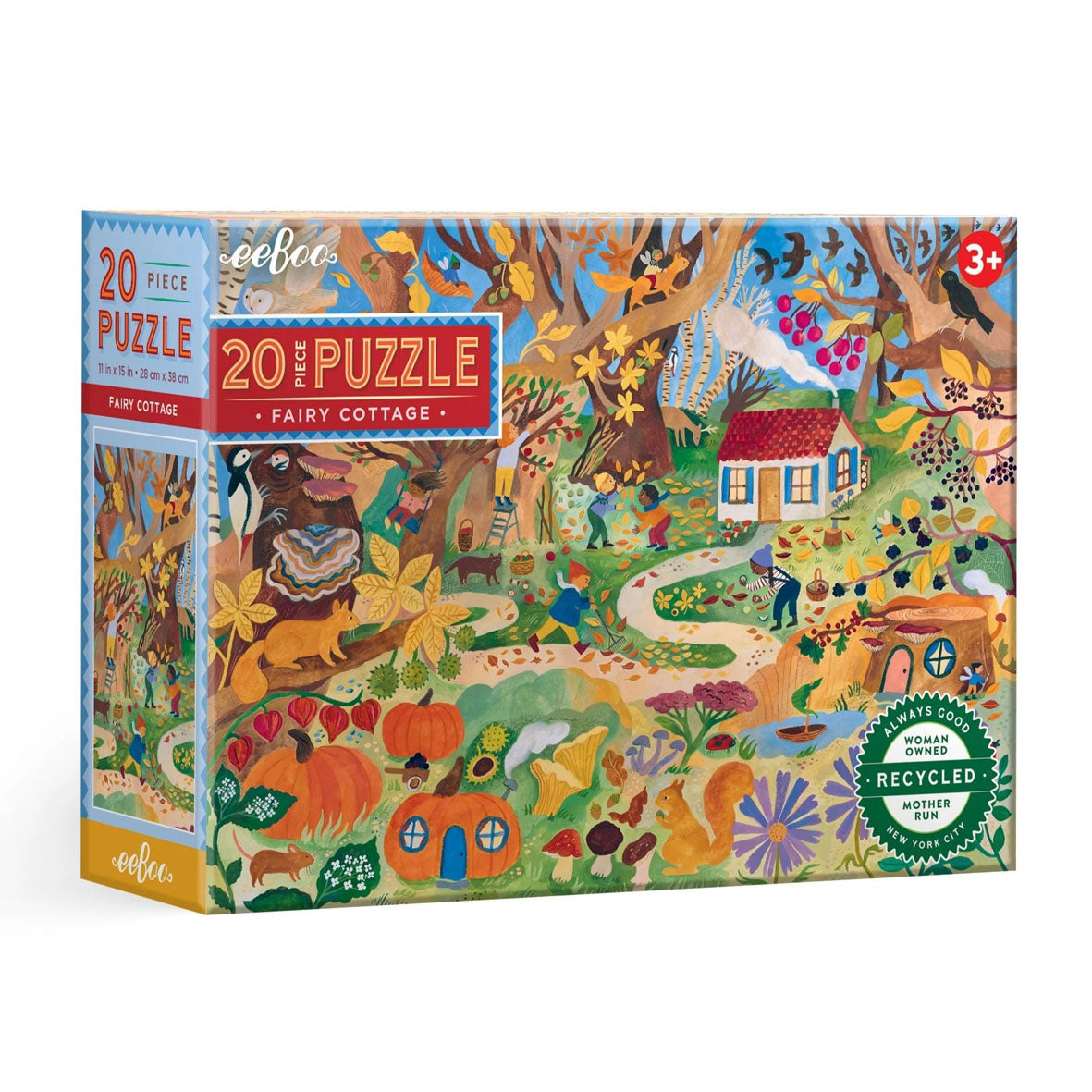20-piece jigsaw puzzle titled 'Fairy Cottage' by the brand 'eeboo'. The box features a highly detailed, whimsical illustration of a cottage surrounded by autumn trees, pumpkins, a squirrel, and children in a garden and is recommended for children 3 years and up