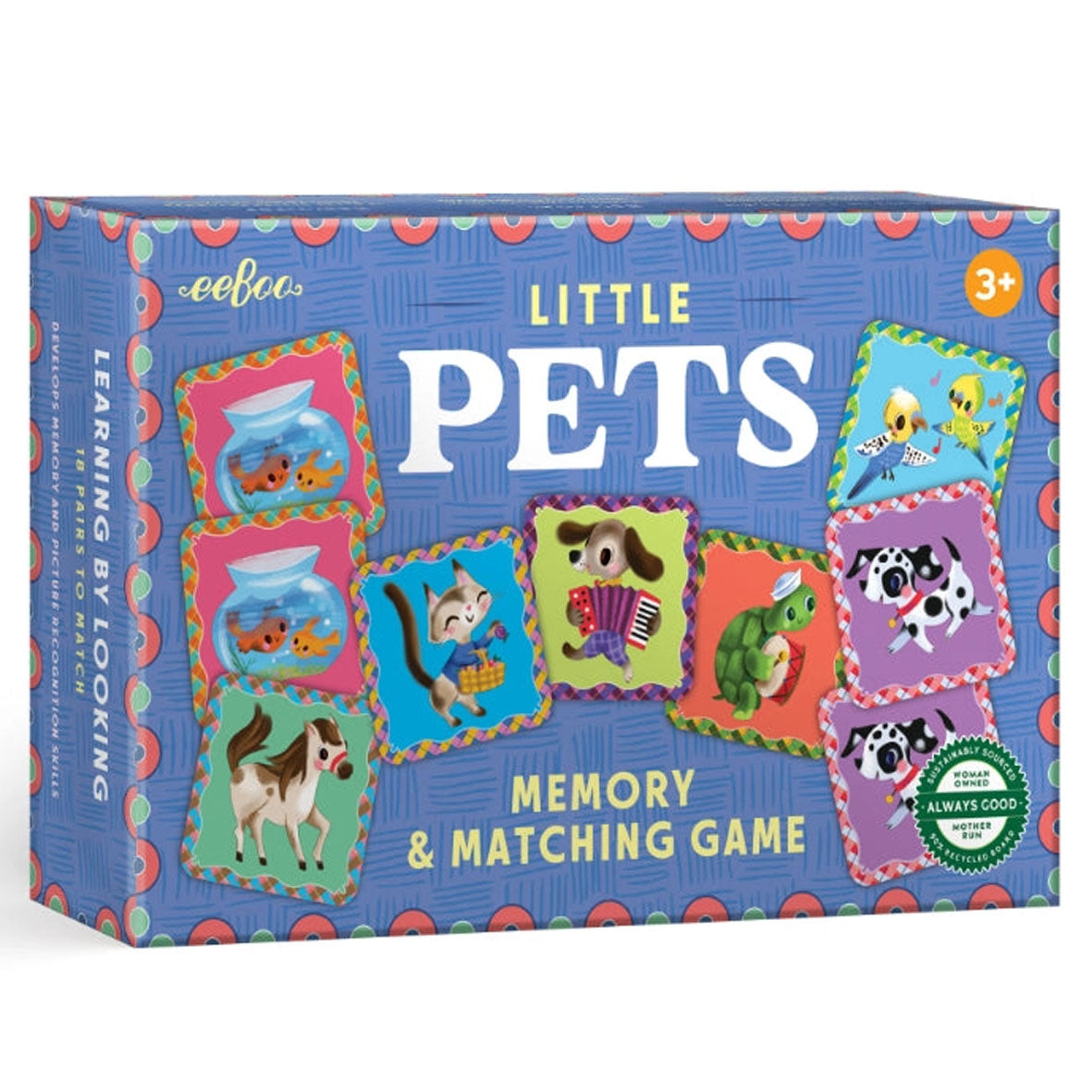 The 'Little Pets Memory & Matching Game' box by eeboo, featuring a blue patterned background with colourful illustrated pet cards and playful animal graphics.
