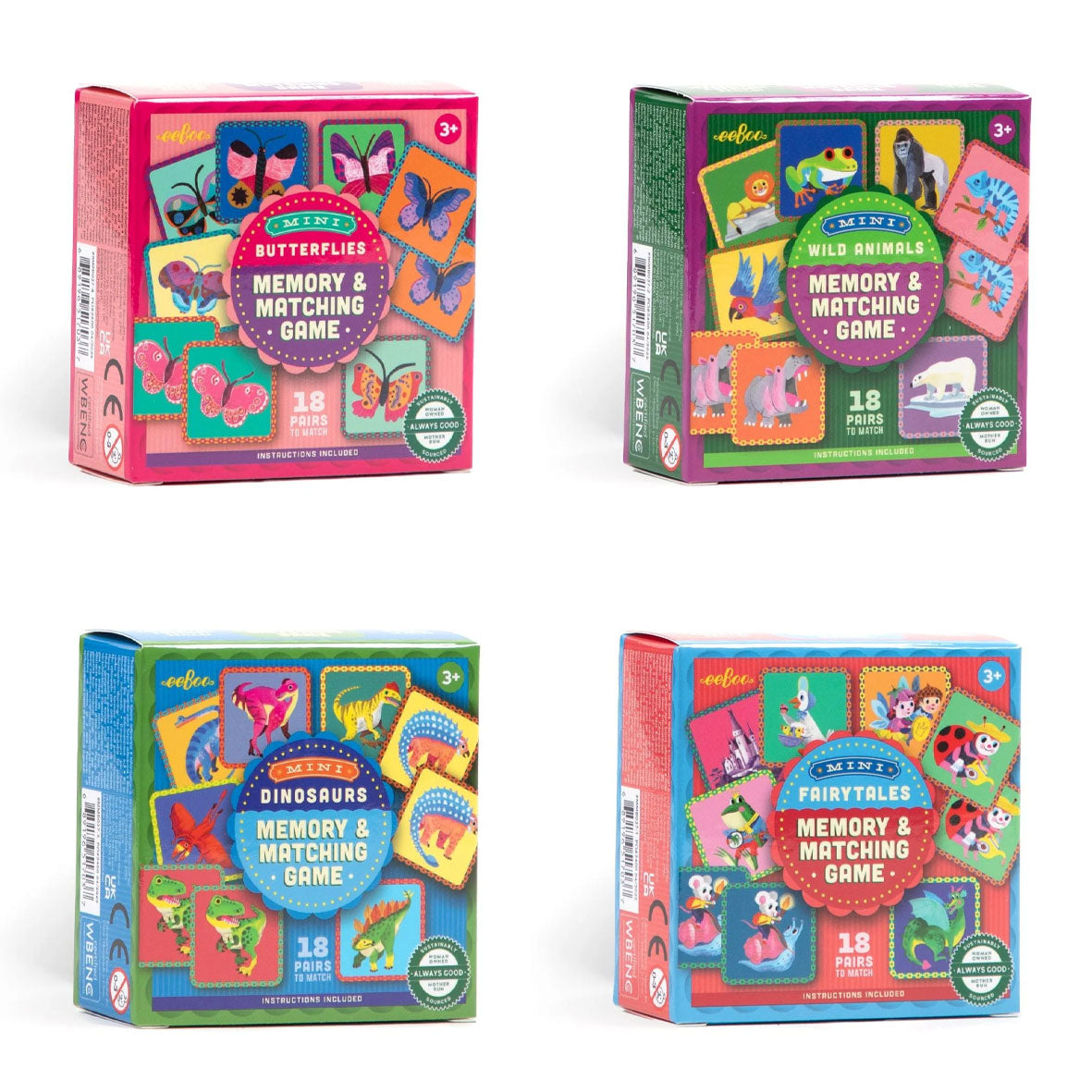 Four colourful boxes of mini memory matching games by eeBoo toys featuring various childrens themes. Butterflies, Wild Animals, Dinosaurs, and Fairytales; these memory games are compact for travel and make great stocking fillers.