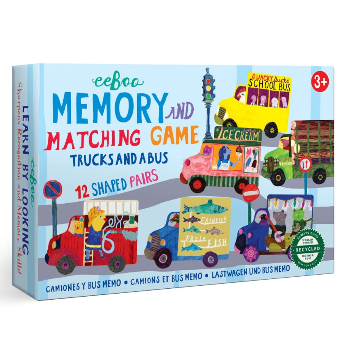 eweboo children's memory and matching game featuring trucks and a bus. The box colourful illustrated vehicles and Spanish and English text including 'Memory and Matching Game,' 'Trucks and a Bus,' '12 shaped pairs,' and a '3+' age mark.