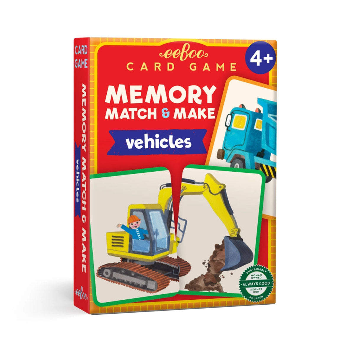 Children's card game box titled 'Memory Match & Make Vehicles' by eeBoo toys featuring a digger and dump truck 