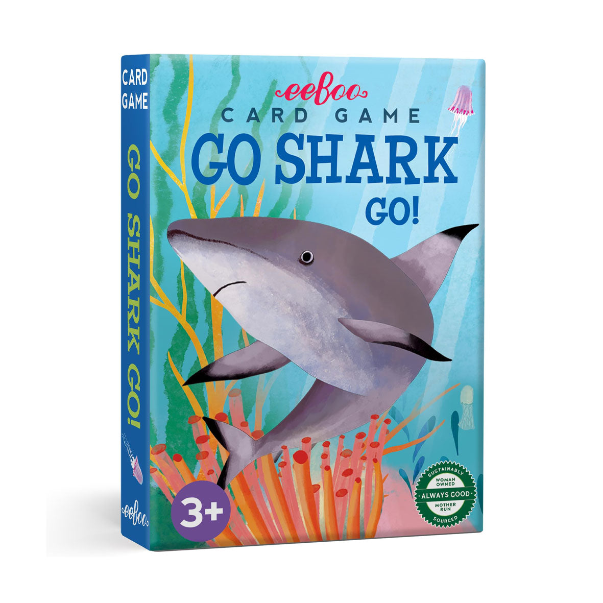 Card game box titled 'Go Shark Go!' with a shark illustration by eeboo toys