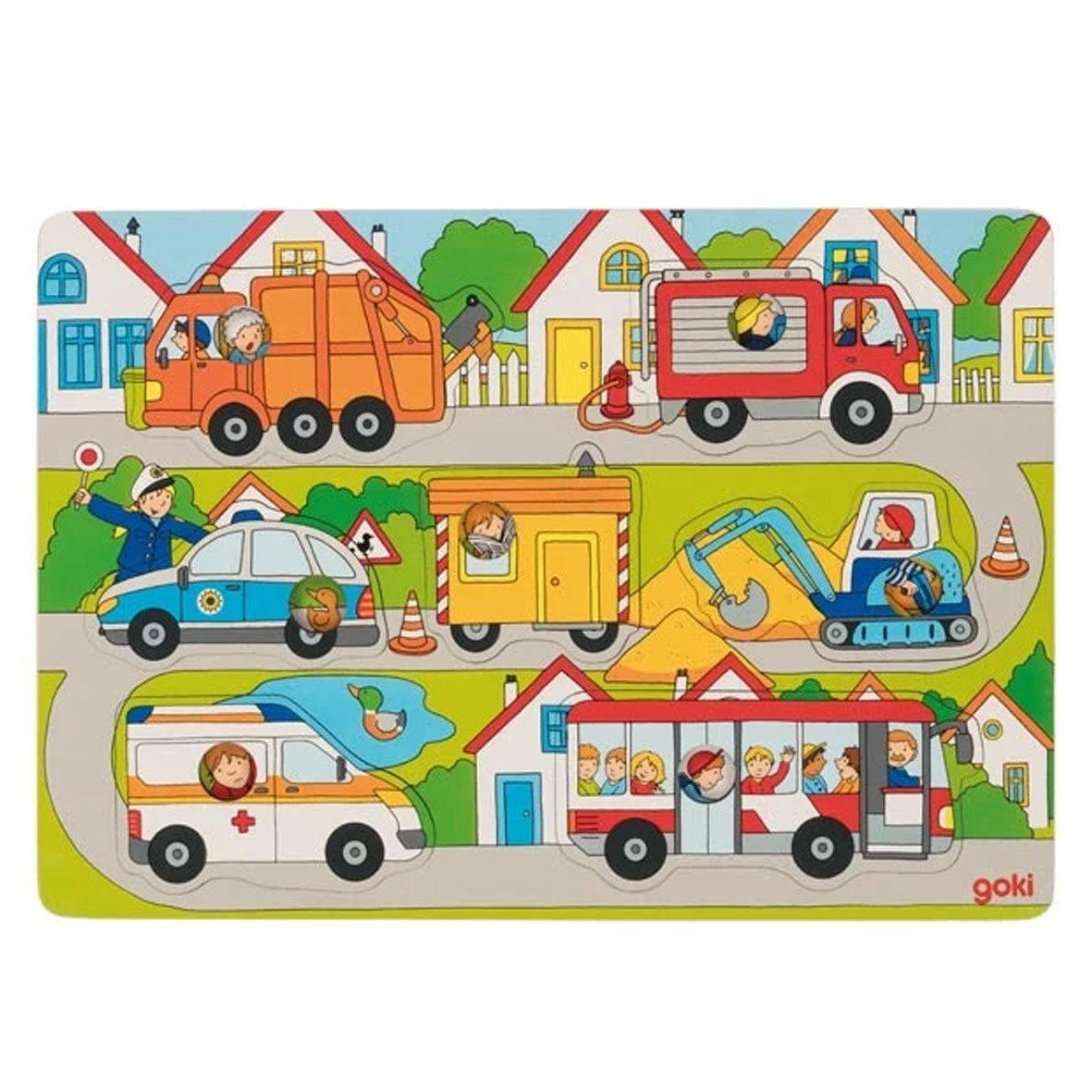 children's wooden puzzle featuring illustrated vehicles and houses, including an orange garbage truck, red fire truck, blue police car, yellow excavator, white ambulance, and red bus by goki toys