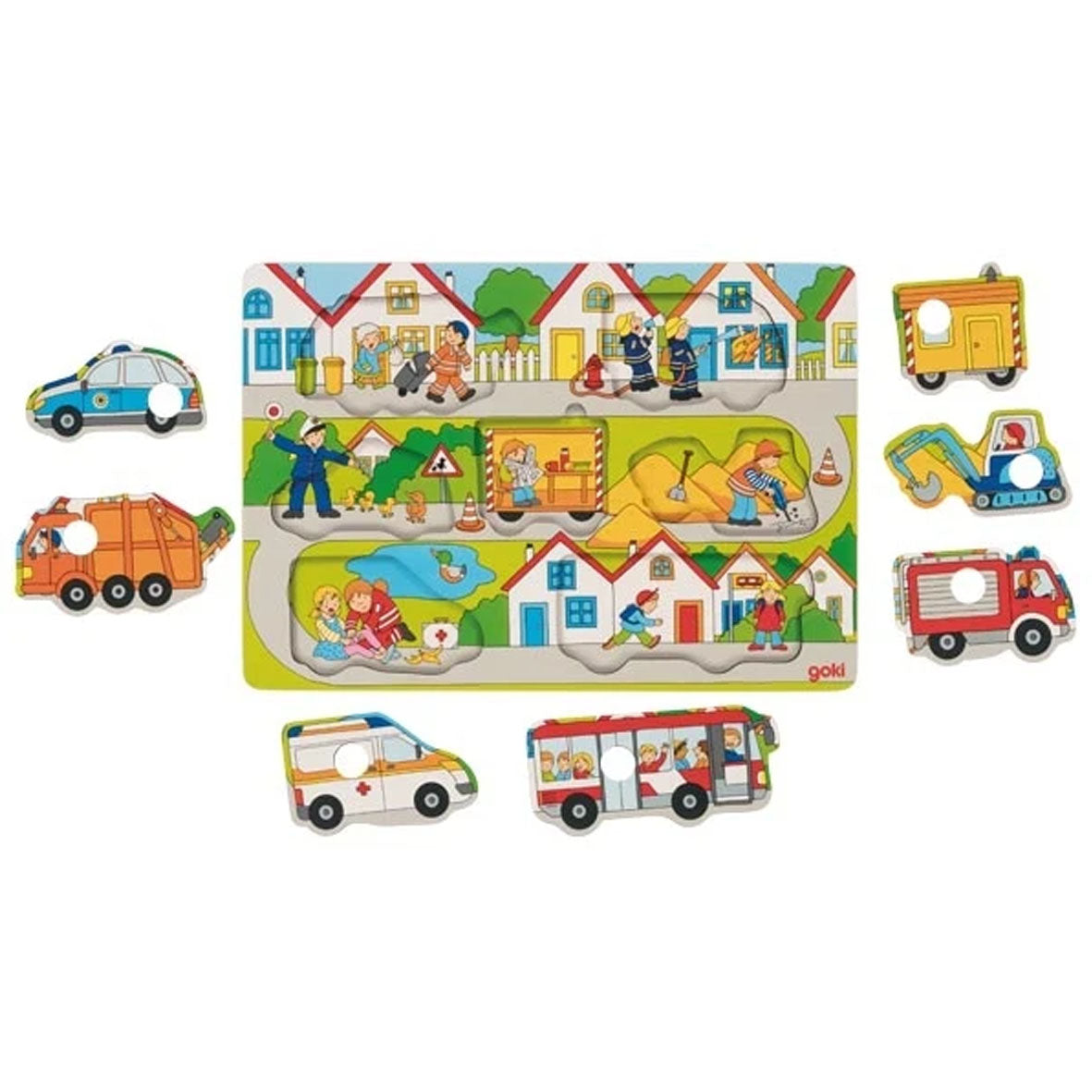 wooden toddler vehicle themed lift out puzzle featuring a digger, fire truck, garbage truck, police, ambulance, and bus.