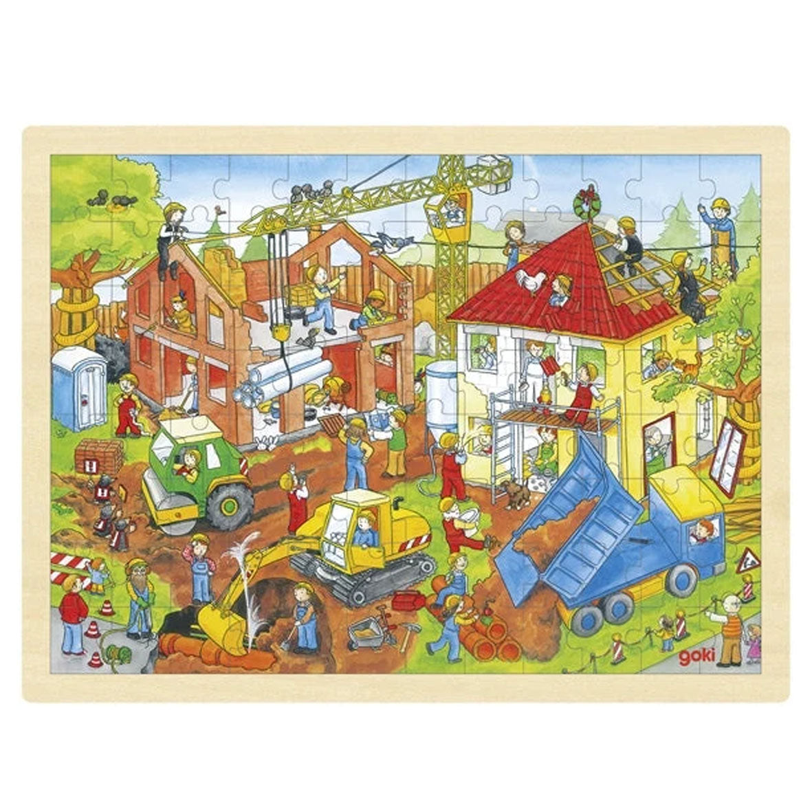 96 piece wooden construction site themed puzzle by goki toys featuring a dump truck, excavator, and lots of builders building two houses.