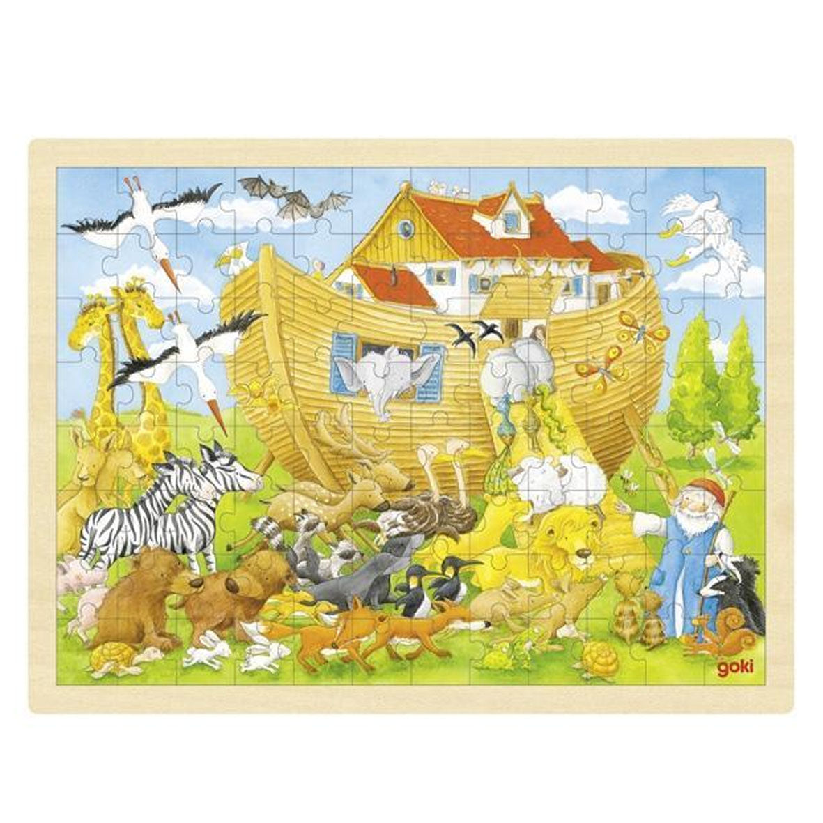 wooden noah's ark tray puzzle with 96 pieces featuring animals walking two by two into the ark by goki toys. a great gift for christenings and baptisms.