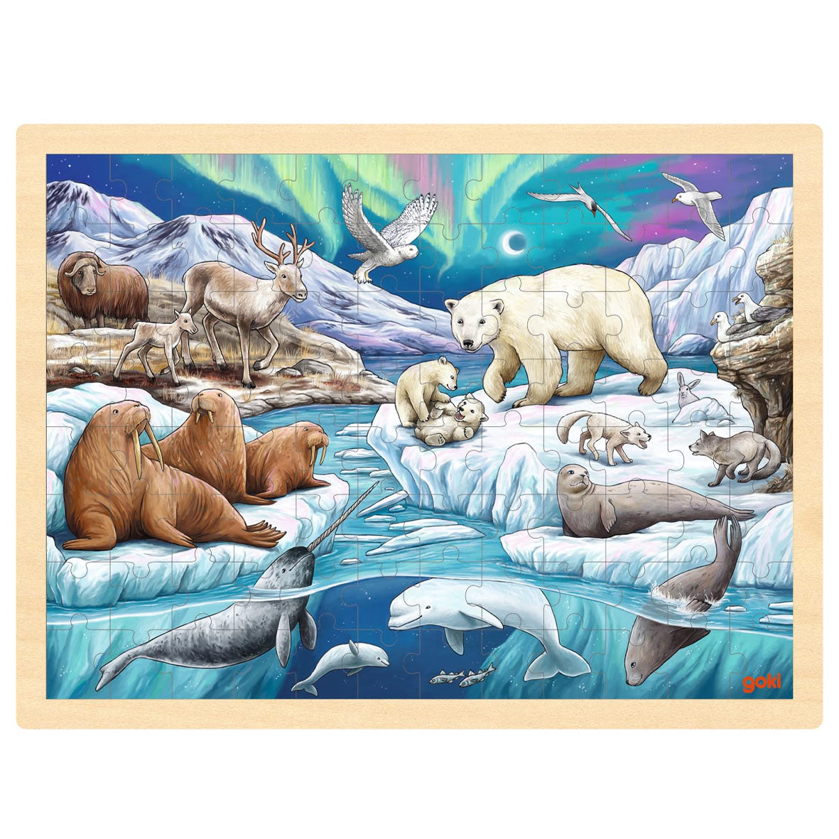 polar night wooden animal puzzle in tray by goki toys featuring seals, polar bears, wolves, and other wildlife. 