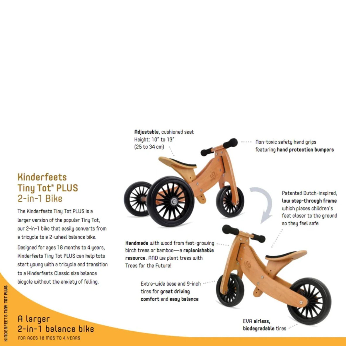 thumbnail image 2 of Kinderfeets TinyTot 2-in-1 Wooden Balance Bike & Tricycle - Convertible For Toddlers 12-24 Months 2 of 10