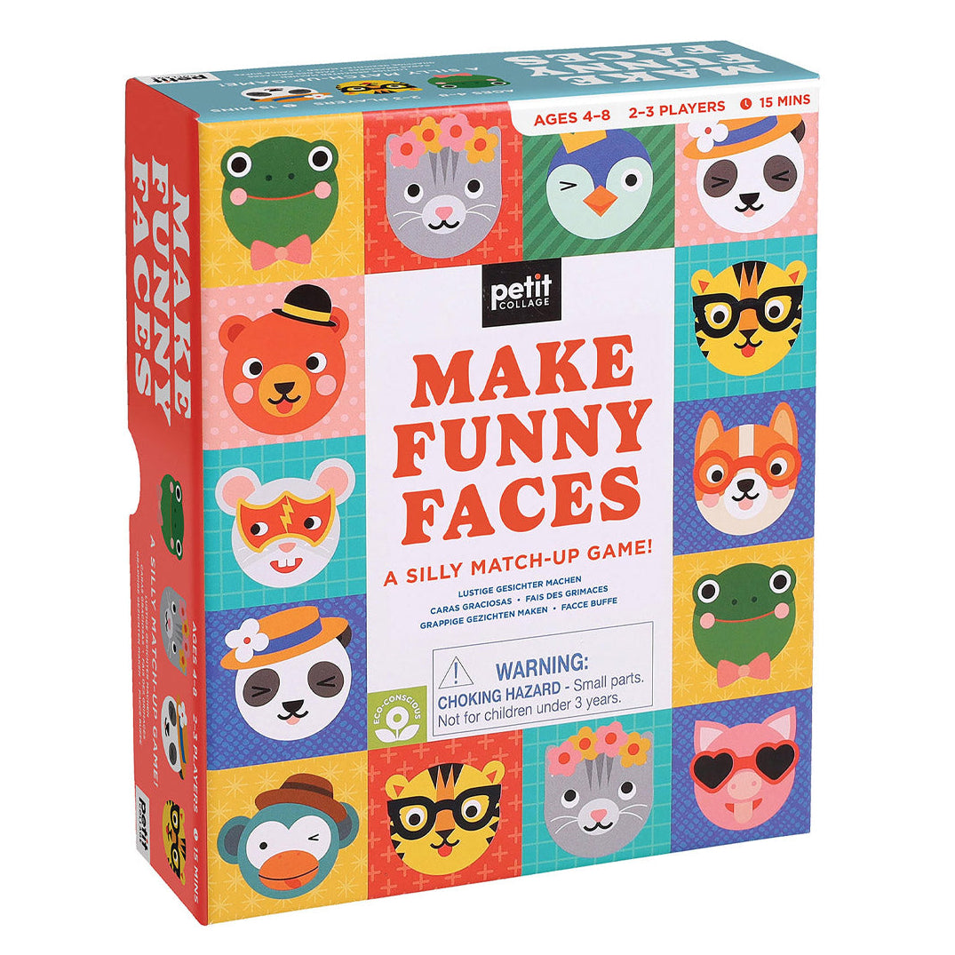 Box of 'Make Funny Faces' game by Petit Collage with colorful animal faces on a white background.