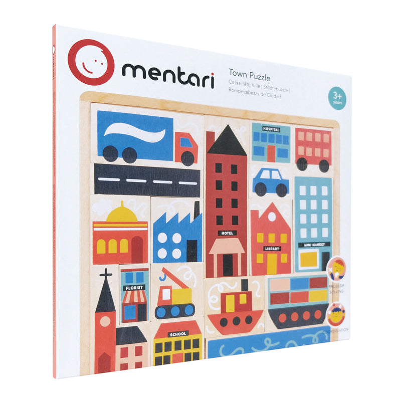 Mentari town puzzle packaging with colorful illustrations of buildings and vehicles on a white background.
