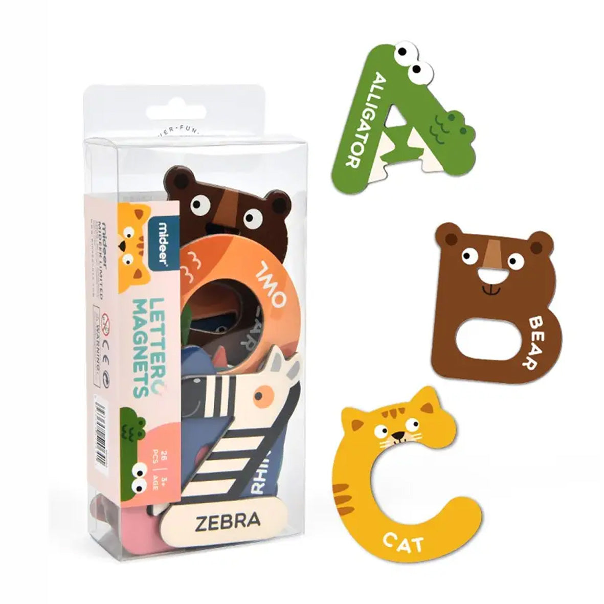 Set of animal-shaped letter magnets with packaging on a white background
