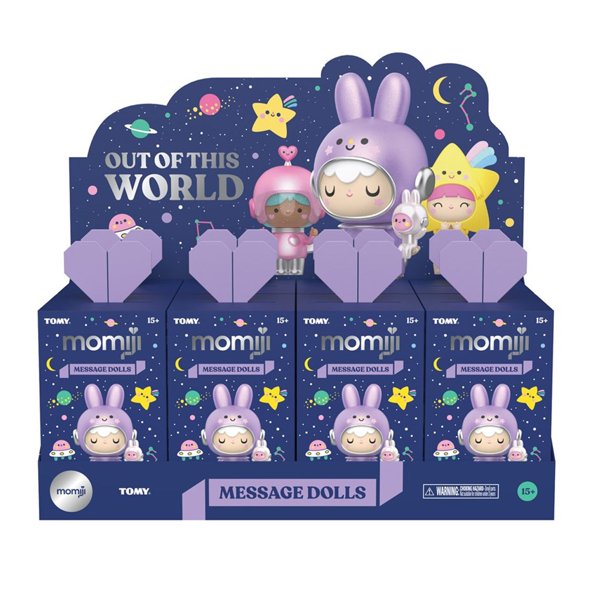 Display of Momiji message dolls in a 'Out of This World' theme packaging.