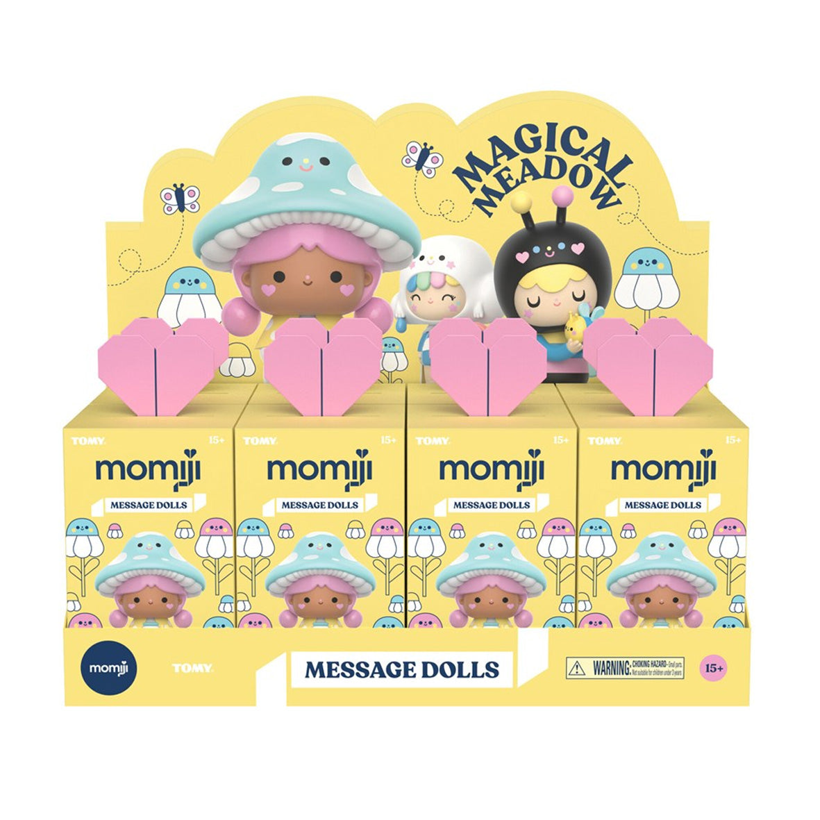 Display of Momiji message dolls in 'Magical Meadow' packaging on a white background