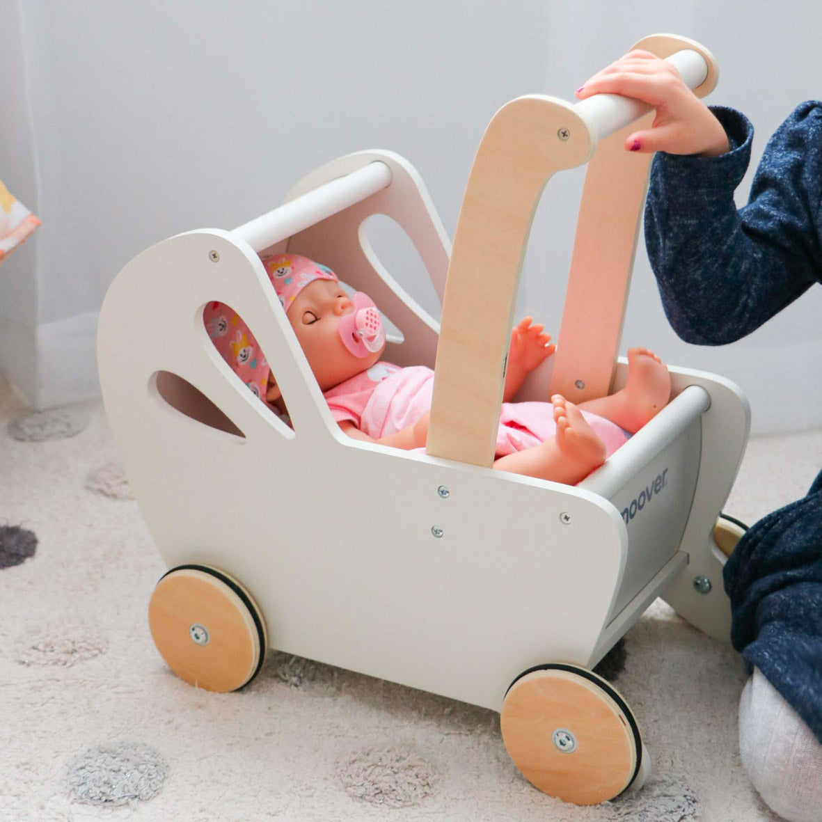 Wooden Doll Pram Moover Classic Pink Stroller For 17