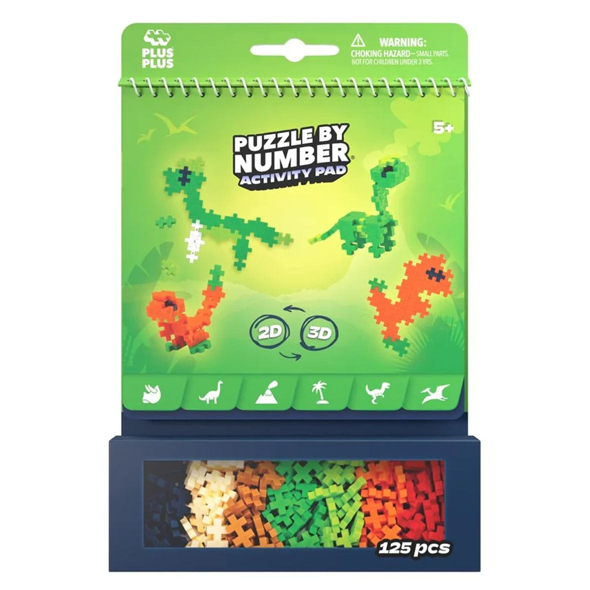 Puzzle by Number Activity Pad by Plus Plus, featuring dinosaur illustrations, containing 125 colourrful numbered puzzle pieces from Playdreamers online toy store in Australia.