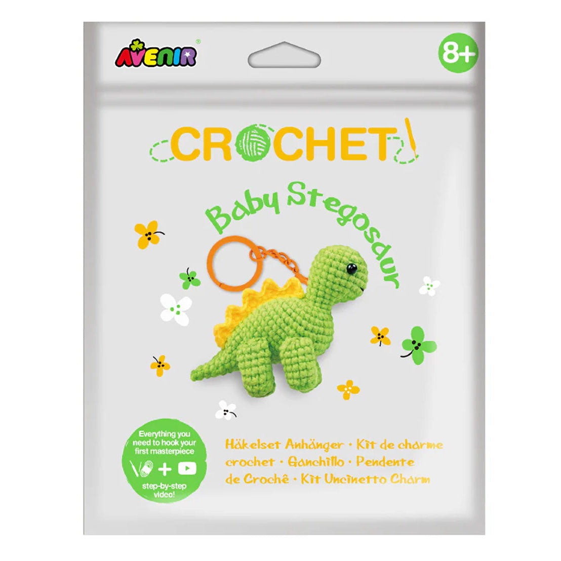Crochet Baby Stegosaurus kit packaging with Avenir branding on a white background