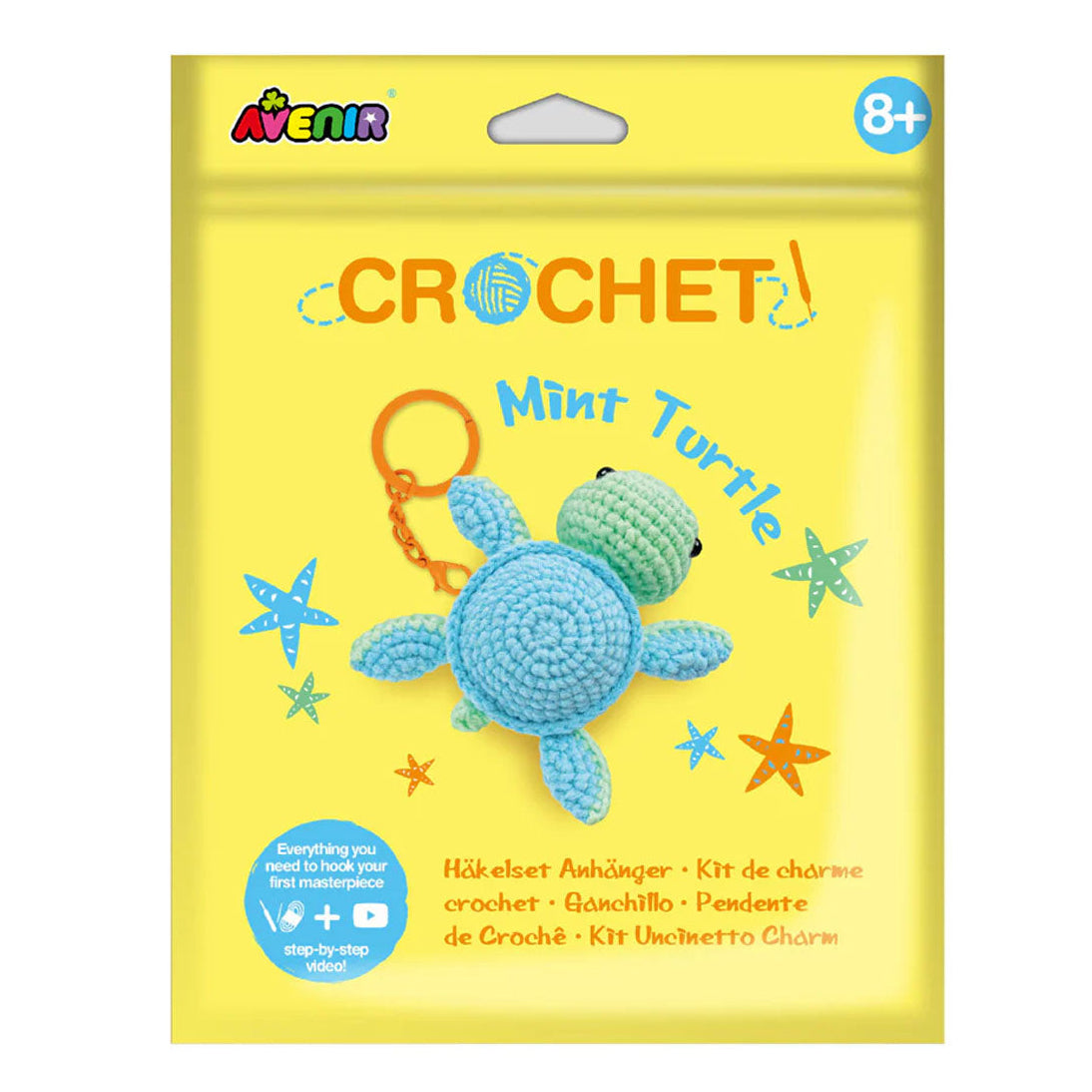 Crochet kit for a mint turtle with Avenir branding on a yellow background