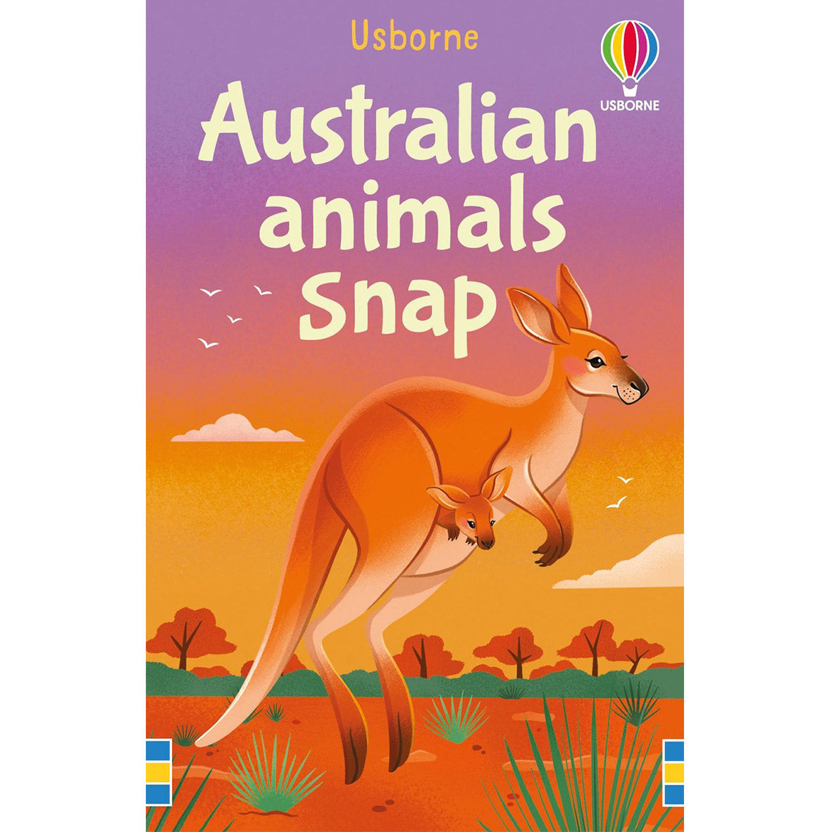 Cover of the 'Australian animals Snap' card game by Usborne, featuring an illustration of a kangaroo and a joey in an Australian outback setting.