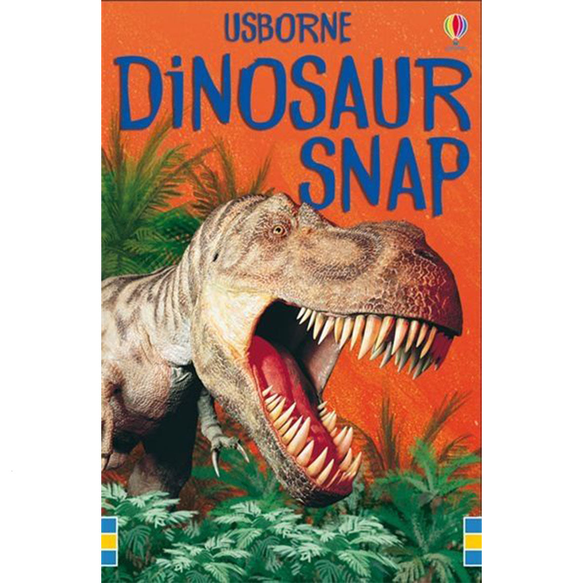 Cover of the 'Dinosaur Snap' card game by Usborne, featuring an illustration of a tyranosaurus rex dinosaur.