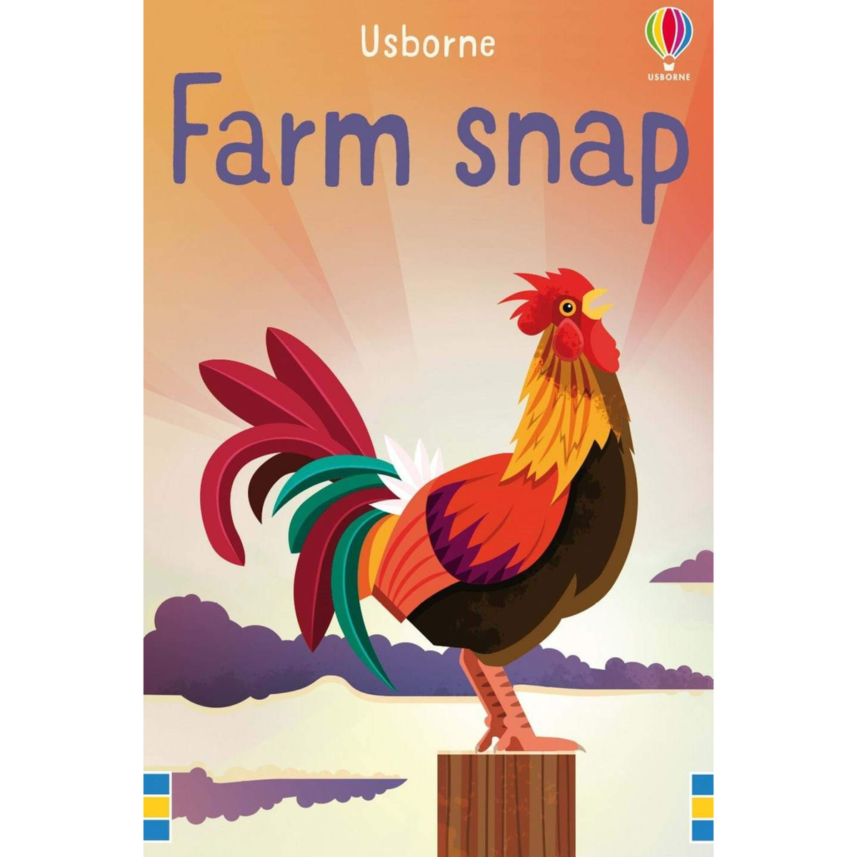Packaging for 'Farm Snap' playing cards featuring a colorful illustration of a rooster on a post with a farm landscape in the background.