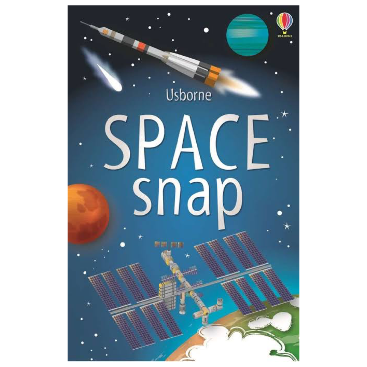 Packaging for 'Space Snap' card game by Usborne, featuring illustrations of space-themed cards including a rocket and a space station.